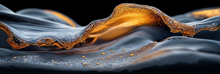 Canvas Print -  A tight shot of a liquid against a black backdrop, teeming with water and golden flecks suspended within