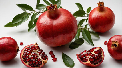 Fresh pomegranates and leaves on a white background aesthetic showcase composition for visual delight.