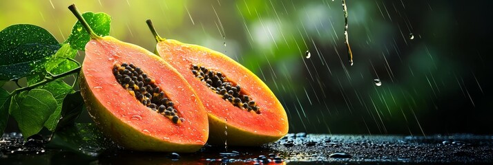 Poster -  Two sliced papayas atop a table, nearby a verdant, rain-soaked plant