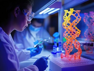 A protein structure research lab environment, with scientists working on computational models and 3D printed protein structures