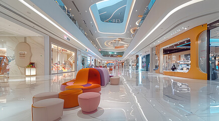 A vibrant shopping mall interior, representing Shopping Mall category. The design includes sleek display units, modern retail seating, and merchandise tables, all arranged to maximize customer flow.