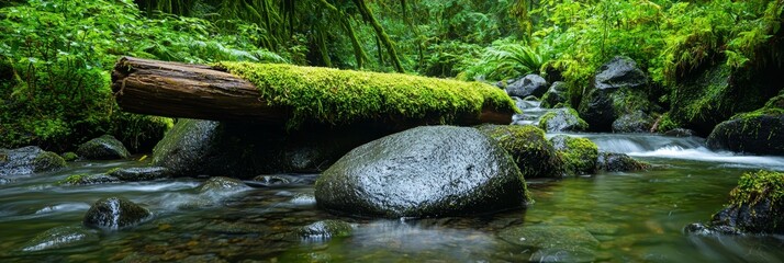 Wall Mural -  A mossy log atop a rock in a river, encircled by lush green plants and stones, amidst the heart of a forest