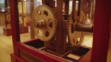 Poster - Close-up of Intricate Wooden Gears in a Red Wooden Case