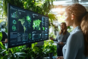 A woman is looking at a computer monitor with a map of the world on it