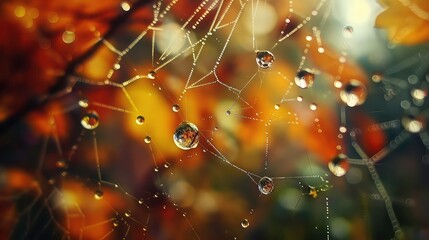 Canvas Print - A spiderweb covered in glistening dewdrops with a blurred golden brown background.