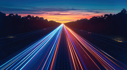 Poster - Car light trails on highway at night, blue straight.