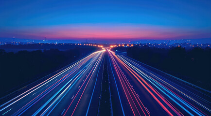 Poster - Car light trails on highway at night, blue straight.