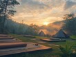© CStock - A serene scene of camping retreats for yoga and meditation, with outdoor yoga sessions at sunrise, meditation areas, and tranquil natural surroundings designed for relaxation and mindfulness