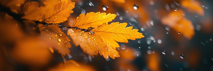 Poster -  A yellow leaf atop a window, beside a rain-drenched sill with water beads