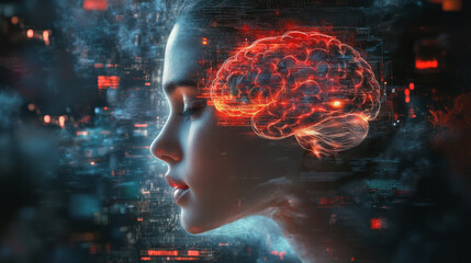Poster - A woman's face with a glowing brain symbolizes artificial intelligence (AI). This image represents the future of technology, where AI is becoming increasingly powerful and sophisticated.