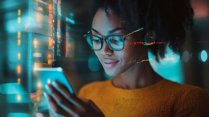 Poster - A woman is looking at her phone, using an AI chatbot. This online chatbot helps people through messaging, offering tech support and internet assistance using artificial intelligence.