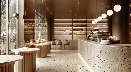 Poster - Interior design for a coffee shop in a luxurious modern style, tile floor, grooved wall covering, round marble tables with bar stools in shades of mocha.