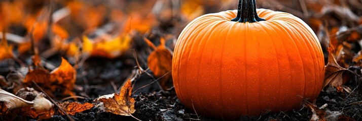 Canvas Print -  A massive orange pumpkin lies in the heart of a lush grass field, its central black stem jutting out