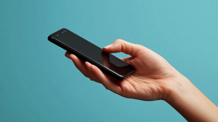 Poster - A hand holds a black smartphone against a blue background. The fingers are touching the screen. The phone is held horizontally.