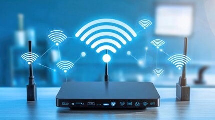 Poster - Wireless Router with Glowing Wifi Icon and Antennas on a Table