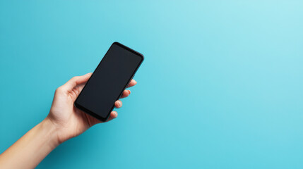 Poster - A hand holds a black smartphone against a blue background. The fingers are touching the screen. The phone is held horizontally.
