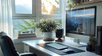 Poster - The computer desk having laptop, mouse and tech accessories.
