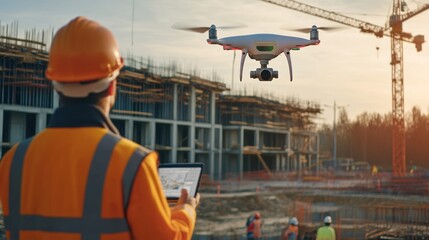 Poster - A strategic remote site management by construction worker visual, showing workers managing a construction site remotely using drones, AI-powered project management tools,