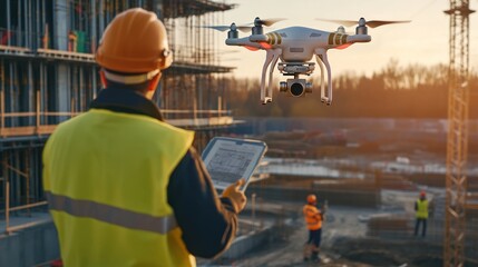 Poster - A strategic remote site management by construction worker visual, showing workers managing a construction site remotely using drones, AI-powered project management tools, 