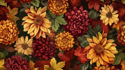 Wall Mural - Autumnal Floral Pattern with Red, Yellow, and Green Leaves