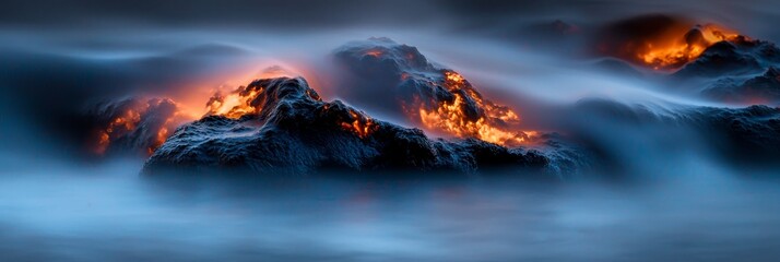 Canvas Print -  A volcanic archipelago with fires erupting from mountain peaks engulfed in water