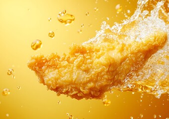 Crispy golden chicken fillet frying in hot oil, holiday-themed accents, vibrant gold background, and space for text placement