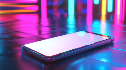 Poster - A phone with a blank screen rests on a table. It's a realistic drawing with colorful neon shapes in the background. The phone is tilted at an angle.