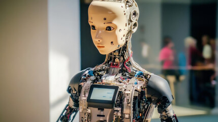 Poster - AI-powered robots are controlled by artificial neural networks. These robots have a user interface where you can adjust their AI settings. They are advanced and futuristic.