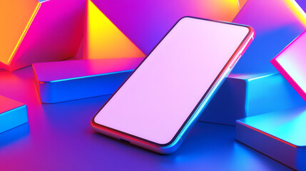 Poster - A phone with a blank screen rests on a table. It's a realistic drawing with colorful neon shapes in the background. The phone is tilted at an angle.