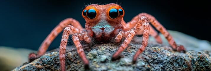 Poster -  A tight shot of a spider on a rock, eyes fixed and widened against a pitch-black backdrop One eye remains notably open