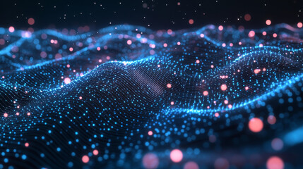 Poster - A 3D grid filled with glowing dots and particles shows a visual representation of big data. The wavy lines and patterns on the grid suggest the flow of digital information.