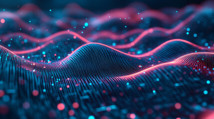 Poster - A 3D grid filled with glowing dots and particles shows a visual representation of big data. The wavy lines and patterns on the grid suggest the flow of digital information.