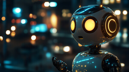 Poster - An AI chatbot looks like a robot or cyborg holding speech bubbles. It helps people online by chatting through messaging apps.  It can be used for technical support or general internet assistance.