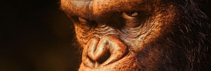  A tight shot of an orangutan's expressive face gazing into the camera, contrasted against a softly blurred background