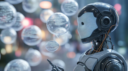 Poster - An AI chatbot looks like a robot or cyborg holding speech bubbles. It helps people online by chatting through messaging apps.  It can be used for technical support or general internet assistance.