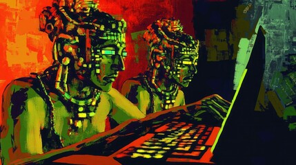 Two futuristic cyborgs with glowing eyes use a laptop computer in a colorful abstract setting.