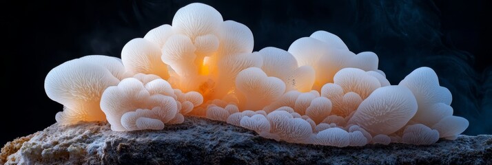 Canvas Print -  A tight shot of white corals clustered on a rocky outcrop, surrounded by water in the backdrop