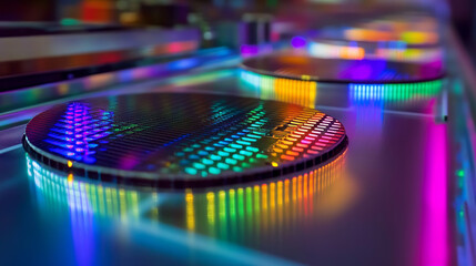 Poster - Silicon wafers are used to make tiny computer chips. Machines with lasers precisely cut these chips from the wafers in a factory. This process is part of making CPUs, the brains of computers.