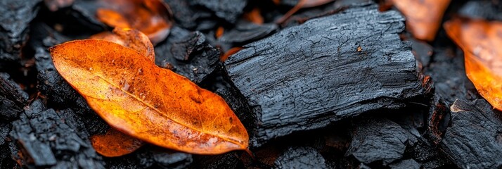 Wall Mural -  A tight shot of a yellow leaf atop a bed of black fire pit coals