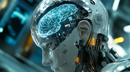 Poster - A robot, with its head open, is getting a new brain.  An artificial intelligence processor is being placed inside, giving the robot a mind.