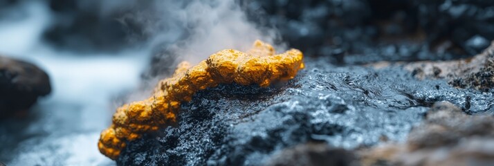 Canvas Print -  A tight shot of a yellow residue on a rock by a water body, emitting steam