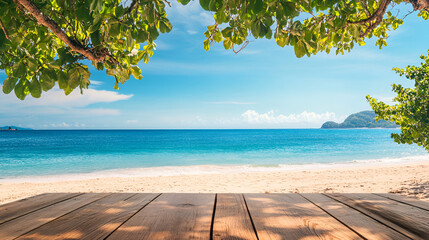 Empty wood table top with beach and blue sky background.