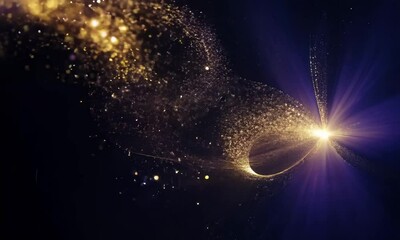 Poster - Golden particles emerge from black void  creating dazzling light.