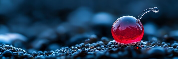 Canvas Print -  A red glass object sits atop a stack of blue glass balls, perched upon a mound of black rocks