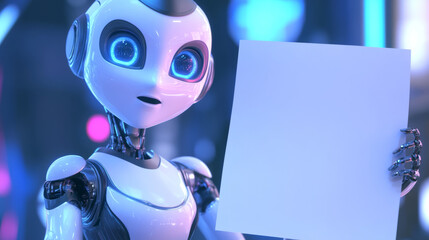 Poster - A female robot, powered by artificial intelligence, holds a blank sign.  She's ready to present a business report. This 3D image shows an AI robot speaking.