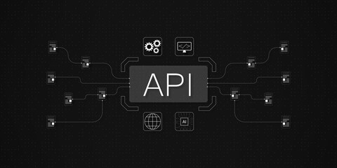 Wall Mural - API connection graphic with nodes and symbols in a digital design. 3D Rendering