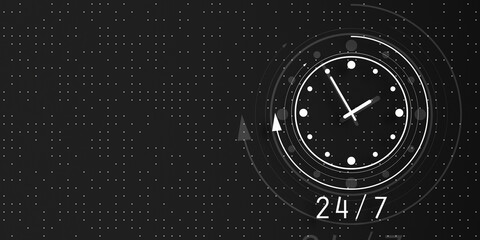 Poster - Digital clock icon design representing 24 7 time management concept on a black background. 3D Rendering