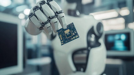 Poster - A robot that looks like a person uses artificial intelligence to interact with computers. It holds a small computer chip in its hand. This robot is part of an automated factory.