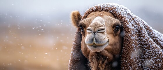  A tight shot of a camel's face, concealed by a blanket over its head, revealing only its nostrils