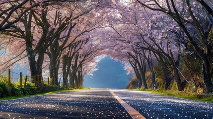 Canvas Print - A road through a tunnel formed by cherry blossom trees in full bloom.